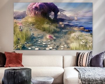 Pink coral construction on coast with marram grass by Harmanna Digital Art