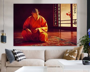 Shaolin monk sitting in a temple doing his meditation illustration by Animaflora PicsStock