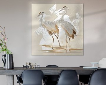 Kraanvogels abstract beige & white van Bianca ter Riet