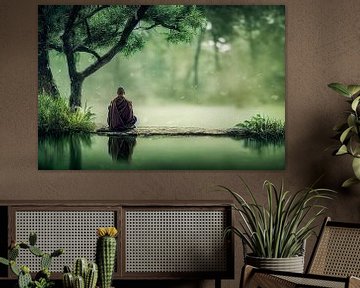 Mönch meditiert im Natur Hintergrund, Illustration von Animaflora PicsStock