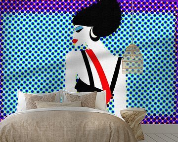 Blau lila Pop Art Porträt Dame mit schwarzen Haaren