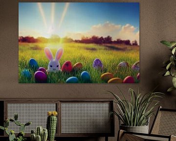 Oeufs de Pâques dans l'herbe avec soleil et lapin de Pâques, illustration