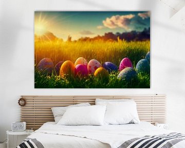 Paaseieren in het gras met zon, illustratie van Animaflora PicsStock