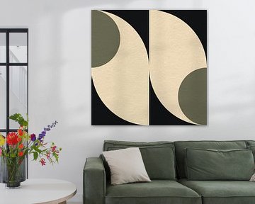 Moderne abstracte minimalistische retro kunst met geometrische vormen in zwart, groen, beige van Dina Dankers