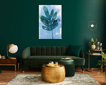 Varenblad in groen en blauw. Moderne botanische kunst in retrostijl van Dina Dankers