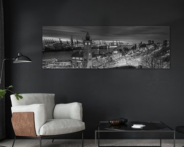 Hamburg harbour with landing stages in black and white . by Manfred Voss, Schwarz-weiss Fotografie