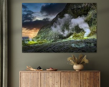 Sunset volcano landscape with smoke and sulphur, White Island New Zealand by Albert Brunsting