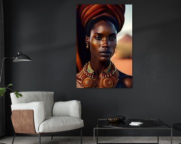 Afrikanische Dame. Ethnisches Porträt. Digitales Gemälde einer afrikanischen Stammesdame mit Erdtöne von Dreamy Faces