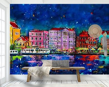 Handelskade bij nacht Curaçao van Happy Paintings