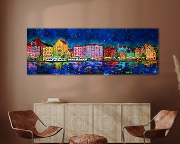Handelskade bij nacht Curaçao van Happy Paintings