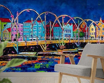 Handelskade bij nacht met de Pontjesbrug, Curaçao. van Happy Paintings