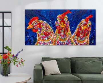 Poulets en bleu sur Happy Paintings