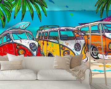 Volkswagen bussen op het strand van Happy Paintings