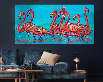 Groupe de flamants roses dans l'eau sur Happy Paintings