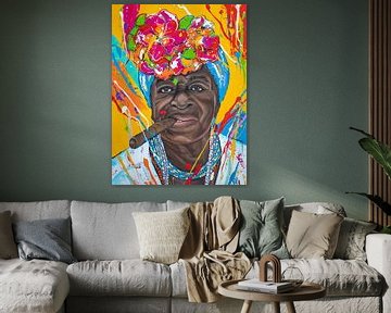 Kubanische Frau mit Zigarre II von Happy Paintings