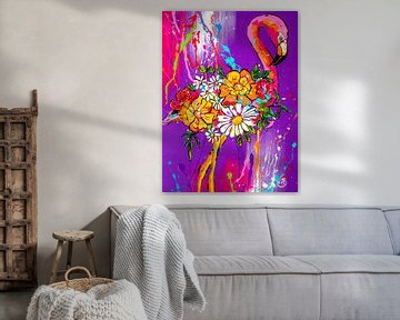 Flamingo in paars van Happy Paintings