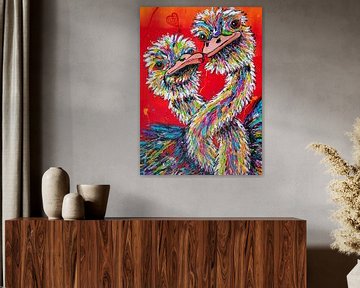 Verliefde struisvogels in rood van Happy Paintings