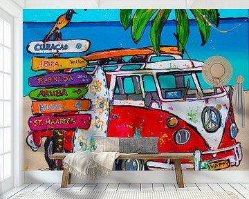 VW bus op het strand van Happy Paintings