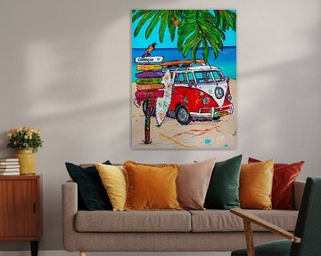 VW bus op het strand van Happy Paintings