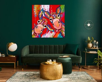 Grappige ezels in rood van Happy Paintings