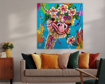 Struisvogel met bloemen van Happy Paintings