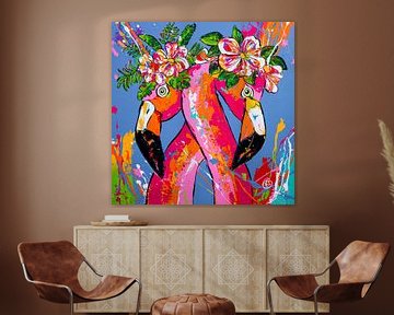 Flamingo's met bloem van Happy Paintings