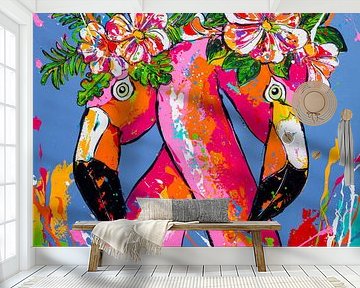 Flamingo's met bloem van Happy Paintings