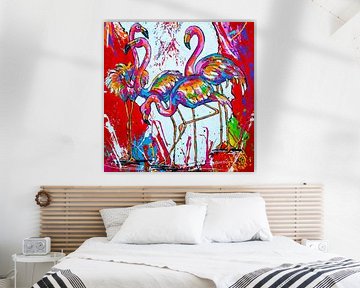 Flamants roses en rouge sur Happy Paintings