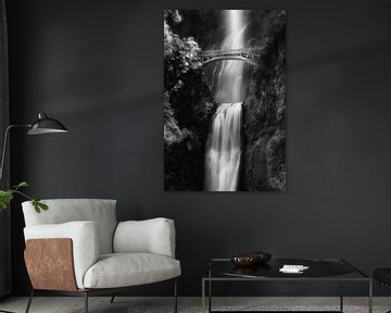 Wasserfall mit Brücke in Oregon / USA. Schwarzweiß Bild. von Manfred Voss, Schwarz-weiss Fotografie