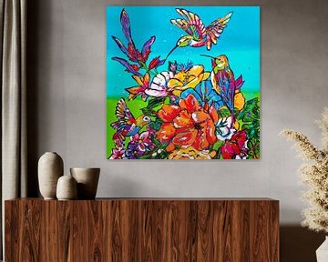 Hummingbirds among flowers by Happy Paintings