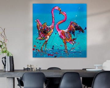 Dansende Flamingo's van Happy Paintings