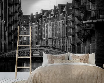 Hamburg Speicherstadt at sunset. Black and white image. by Manfred Voss, Black-White Photography