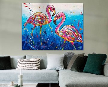 Flamingo's in blauw van Happy Paintings