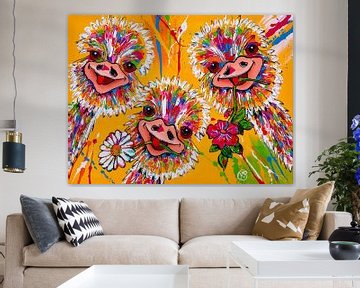 Struisvogels met bloemen van Happy Paintings