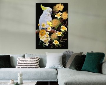 Cacatoès avec des fleurs jaunes