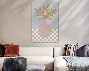 Minimalist retro still live with leaves in a vase. Earthy tints, pink, beige, white and grey blue by Dina Dankers