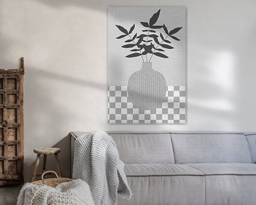 Minimalist retro still live with leaves in a vase. Black and white, silver with textile texture by Dina Dankers