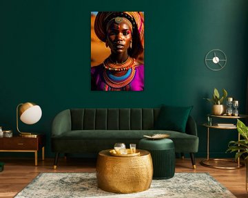 Afrikanische Dame. Ethnisches Porträt. Digitales Gemälde einer afrikanischen Stammesdame mit Erdtöne von Dreamy Faces