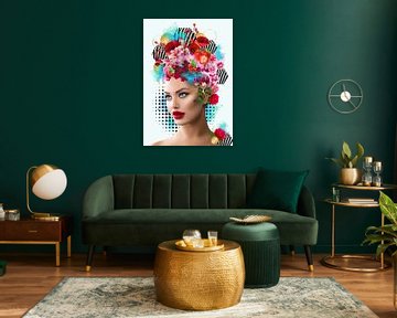 Flower woman blauw en rood van Postergirls