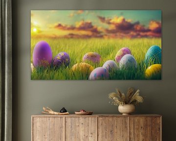 Oeufs de Pâques dans l'herbe Panorama, Art Illustration 04 sur Animaflora PicsStock