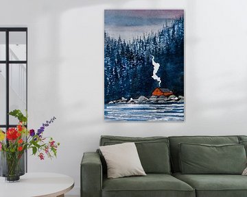 Maison norvégienne rouge | Littoral et forêt d'aiguilles | Peinture à l'aquarelle sur WatercolorWall