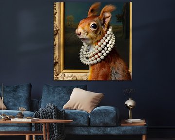 Squirrel with pearls, Johannes Vermeer style, generative AI illustration by Bianca Biermans