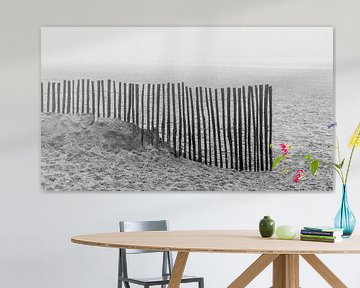 Hek op strand met ruis, filmisch zwart-wit van Yanuschka Fotografie | Noordwijk
