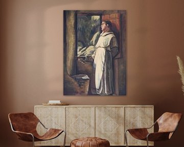 Portret schilderij van een monnik starend door het raam van zijn kloostercel.