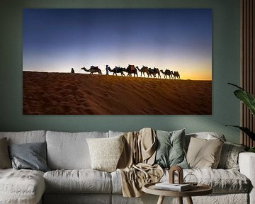 Dromedarissen in de woestijn van Marokko bij zonsondergang van Rene Siebring