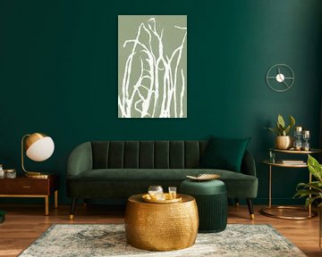 Wit abstract gras in retrostijl. Moderne botanische minimalistische kunst in pastel saliegroen