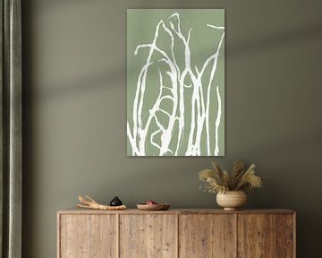 Wit abstract gras in retrostijl. Moderne botanische minimalistische kunst in pastel saliegroen van Dina Dankers