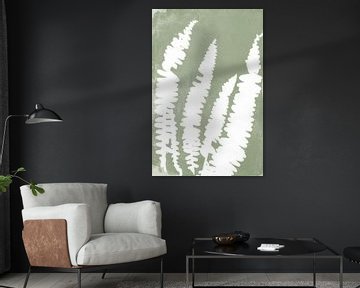 Weiße Farnblätter im Retro-Stil. Moderne botanische minimalistische Kunst in Salbeigrün von Dina Dankers
