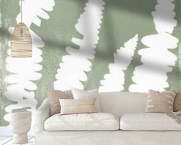 White fern leaves in retro style. Modern botanical minimalist art in sage green by Dina Dankers