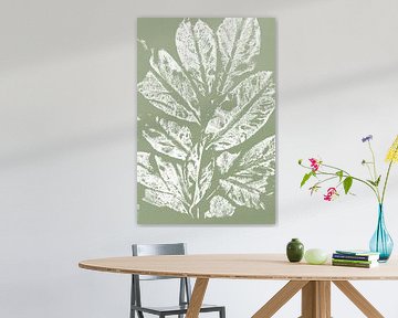 Weißer Zweig mit Blättern im Retro-Stil. Moderne botanische minimalistische Kunst in Pastell Salbeig von Dina Dankers